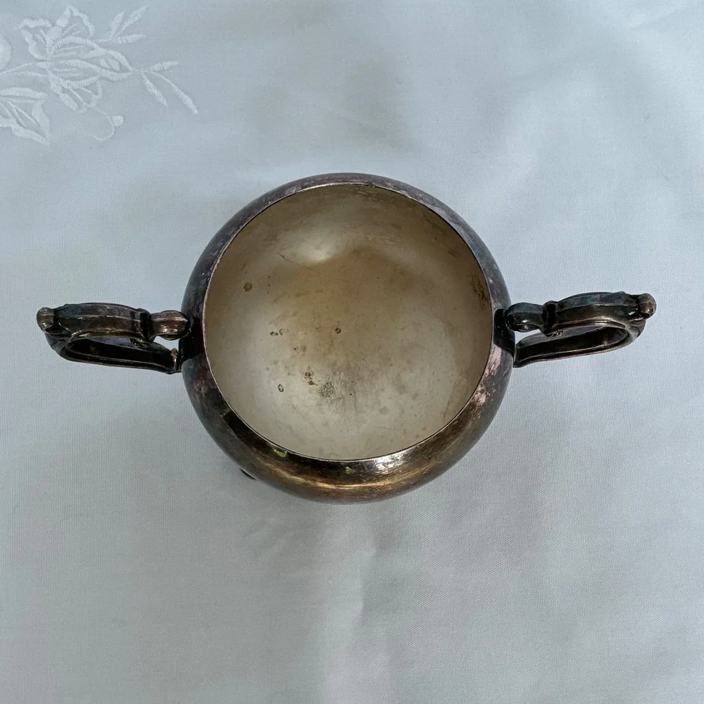 Vtg Sugar Bowl Silver Tone Footed Ornate Scroll Double Handle Patina Shabby Chic